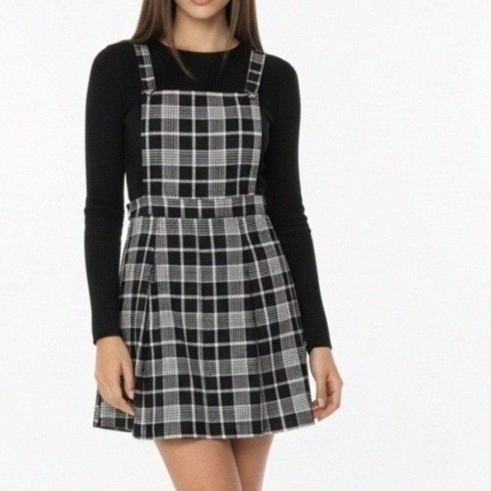 Dangerfield Plaid School‎ Girl Pinafore Dress 6 Black White Pleated Bib Mini